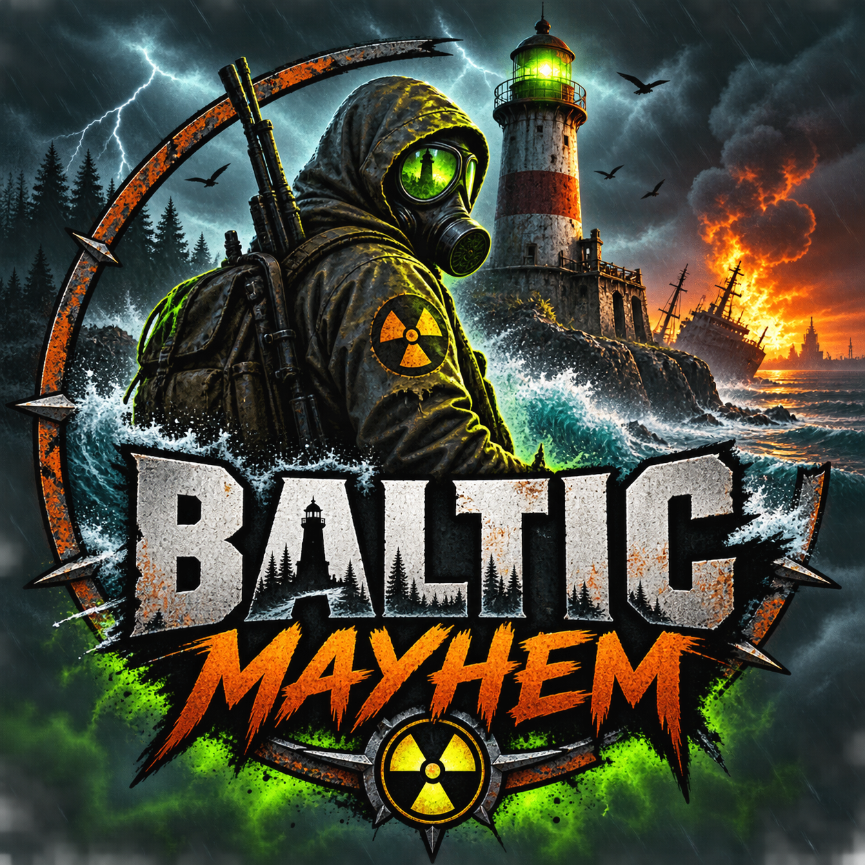 Baltic Mayhem survivor, lighthouse and storm artwork